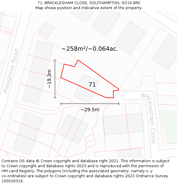 71, BRACKLESHAM CLOSE, SOUTHAMPTON, SO19 8RX: Plot and title map