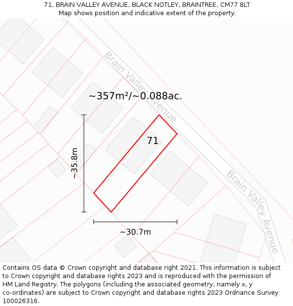 71, BRAIN VALLEY AVENUE, BLACK NOTLEY, BRAINTREE, CM77 8LT: Plot and title map