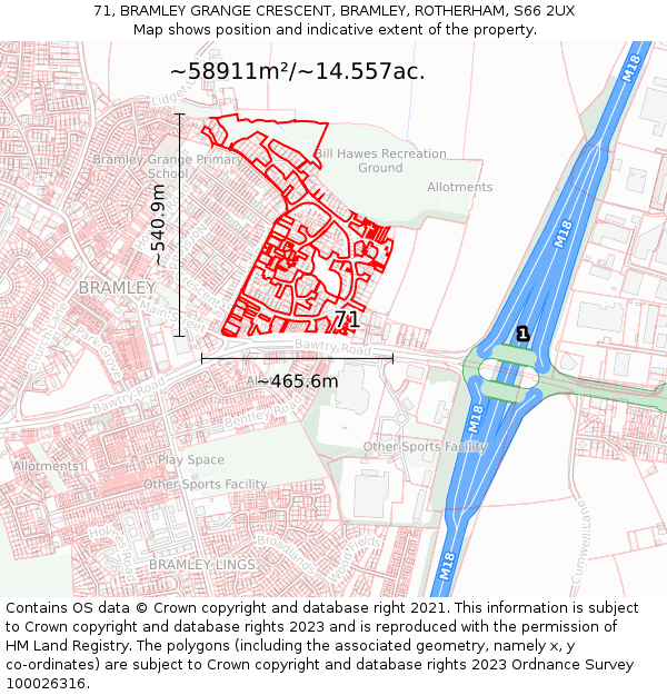 71, BRAMLEY GRANGE CRESCENT, BRAMLEY, ROTHERHAM, S66 2UX: Plot and title map
