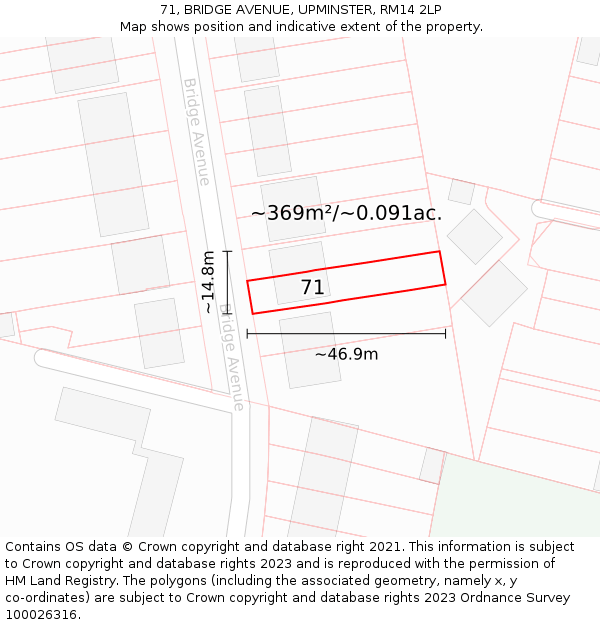 71, BRIDGE AVENUE, UPMINSTER, RM14 2LP: Plot and title map