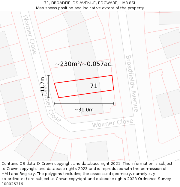 71, BROADFIELDS AVENUE, EDGWARE, HA8 8SL: Plot and title map