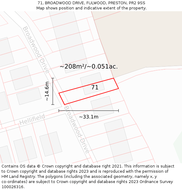 71, BROADWOOD DRIVE, FULWOOD, PRESTON, PR2 9SS: Plot and title map