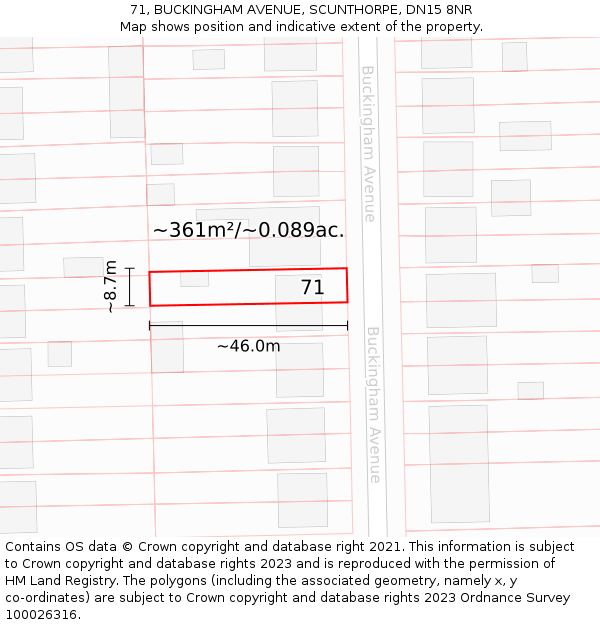 71, BUCKINGHAM AVENUE, SCUNTHORPE, DN15 8NR: Plot and title map