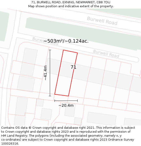 71, BURWELL ROAD, EXNING, NEWMARKET, CB8 7DU: Plot and title map