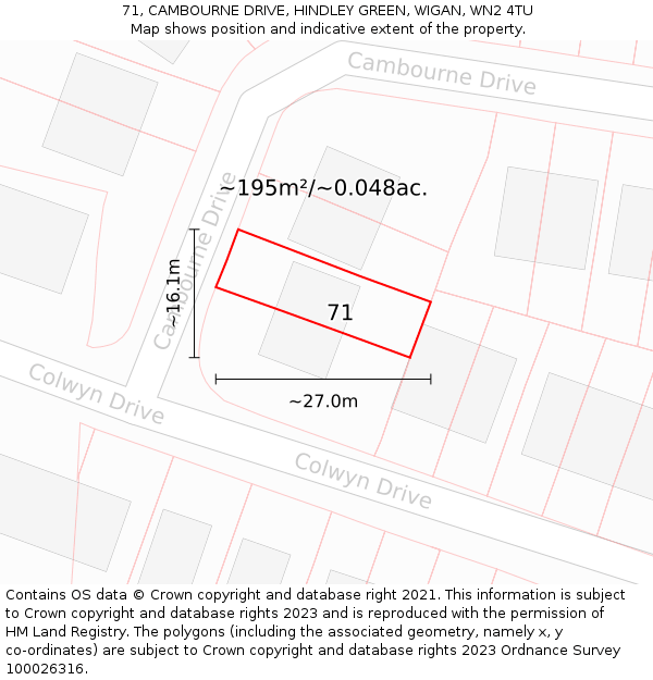 71, CAMBOURNE DRIVE, HINDLEY GREEN, WIGAN, WN2 4TU: Plot and title map