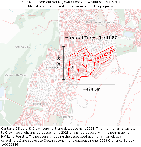 71, CARRBROOK CRESCENT, CARRBROOK, STALYBRIDGE, SK15 3LR: Plot and title map