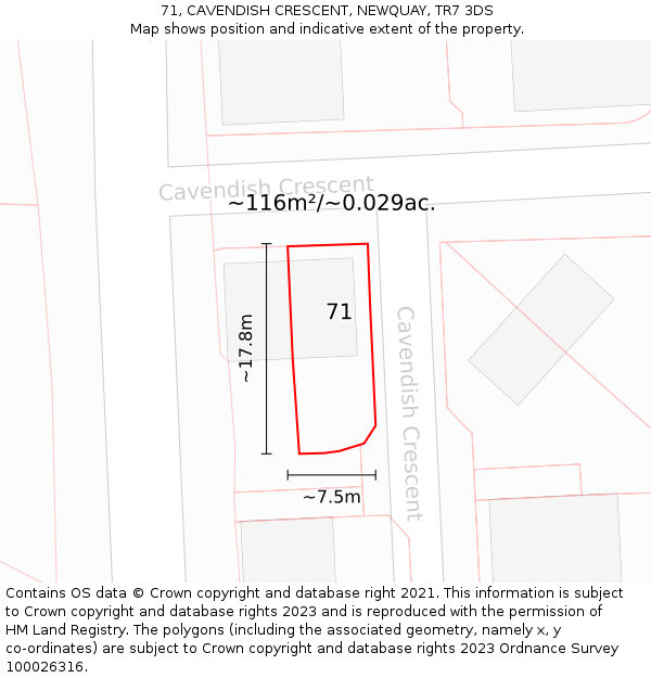 71, CAVENDISH CRESCENT, NEWQUAY, TR7 3DS: Plot and title map