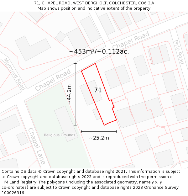 71, CHAPEL ROAD, WEST BERGHOLT, COLCHESTER, CO6 3JA: Plot and title map
