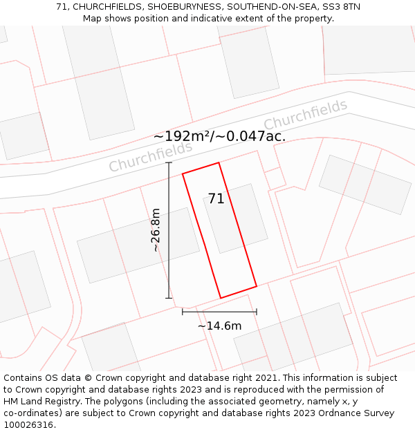 71, CHURCHFIELDS, SHOEBURYNESS, SOUTHEND-ON-SEA, SS3 8TN: Plot and title map