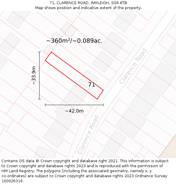 71, CLARENCE ROAD, RAYLEIGH, SS6 8TB: Plot and title map
