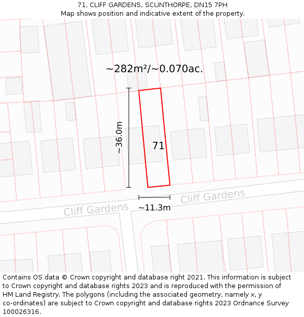 71, CLIFF GARDENS, SCUNTHORPE, DN15 7PH: Plot and title map