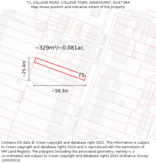 71, COLLEGE ROAD, COLLEGE TOWN, SANDHURST, GU47 0RA: Plot and title map