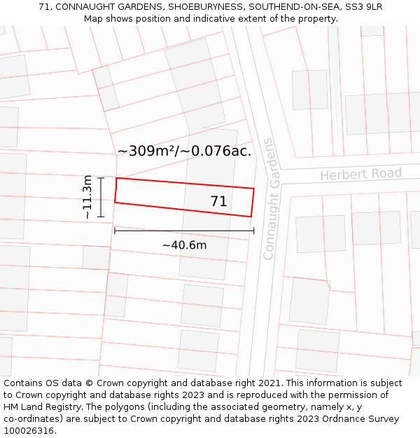71, CONNAUGHT GARDENS, SHOEBURYNESS, SOUTHEND-ON-SEA, SS3 9LR: Plot and title map