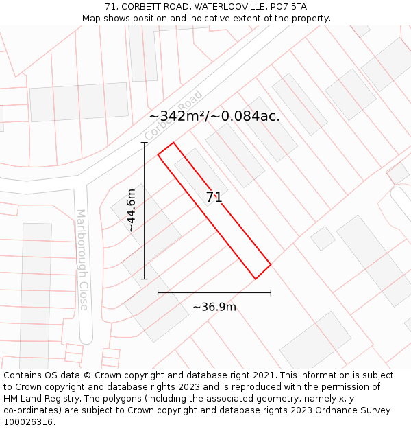 71, CORBETT ROAD, WATERLOOVILLE, PO7 5TA: Plot and title map