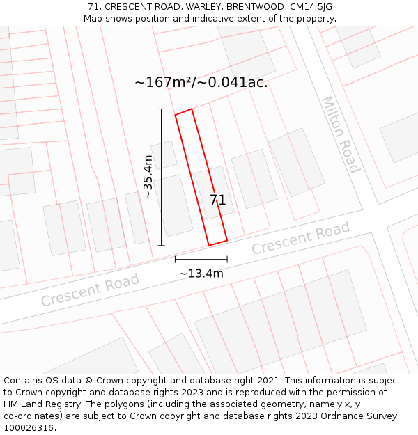 71, CRESCENT ROAD, WARLEY, BRENTWOOD, CM14 5JG: Plot and title map