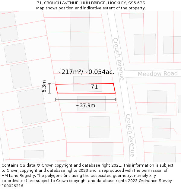 71, CROUCH AVENUE, HULLBRIDGE, HOCKLEY, SS5 6BS: Plot and title map