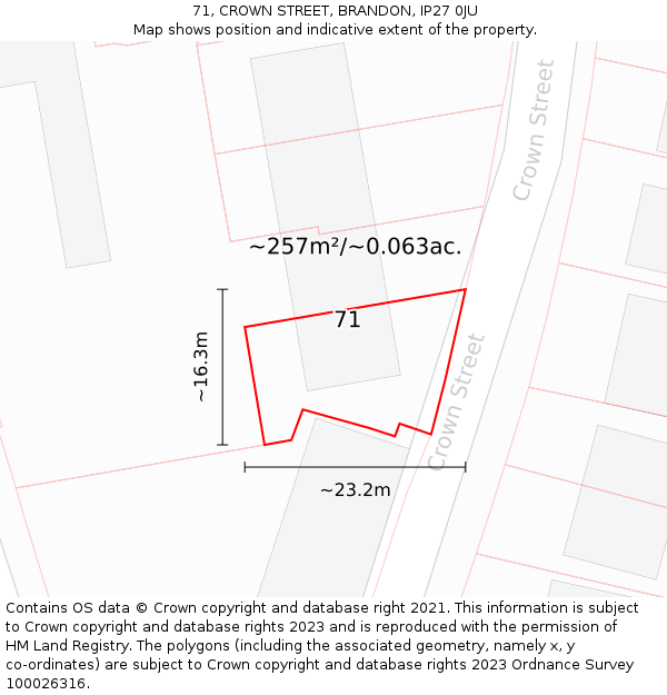 71, CROWN STREET, BRANDON, IP27 0JU: Plot and title map