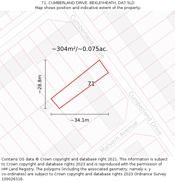 71, CUMBERLAND DRIVE, BEXLEYHEATH, DA7 5LD: Plot and title map