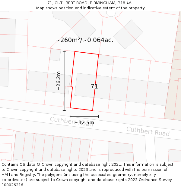 71, CUTHBERT ROAD, BIRMINGHAM, B18 4AH: Plot and title map