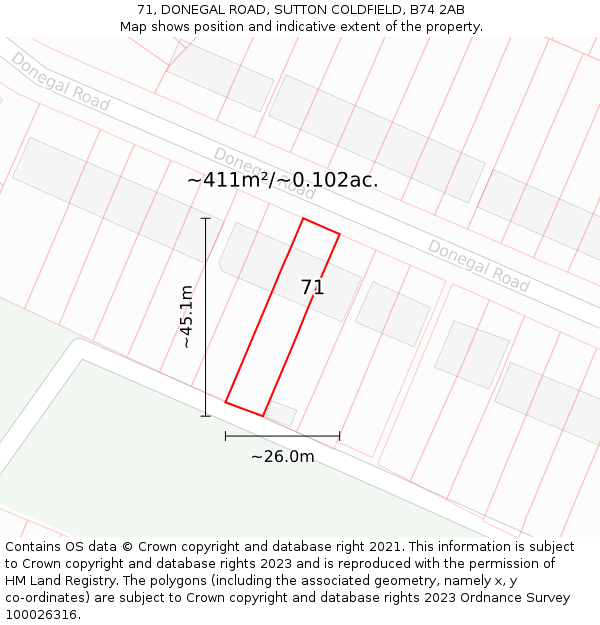 71, DONEGAL ROAD, SUTTON COLDFIELD, B74 2AB: Plot and title map