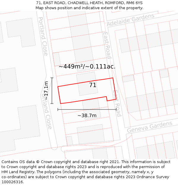 71, EAST ROAD, CHADWELL HEATH, ROMFORD, RM6 6YS: Plot and title map