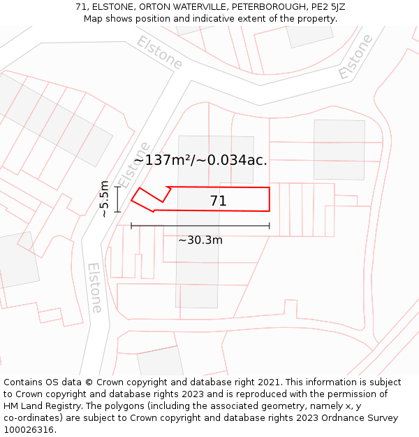 71, ELSTONE, ORTON WATERVILLE, PETERBOROUGH, PE2 5JZ: Plot and title map