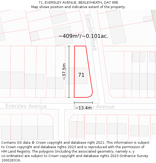 71, EVERSLEY AVENUE, BEXLEYHEATH, DA7 6RE: Plot and title map