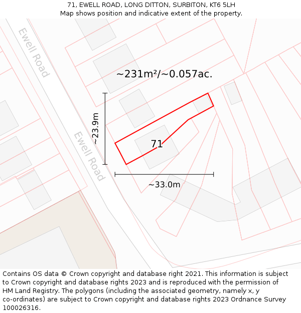 71, EWELL ROAD, LONG DITTON, SURBITON, KT6 5LH: Plot and title map