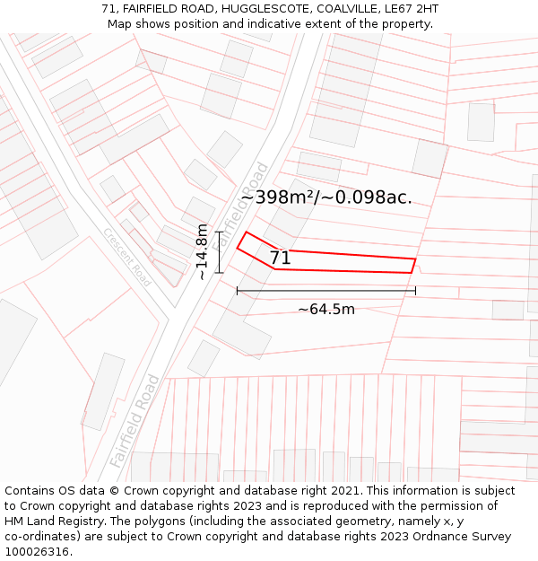 71, FAIRFIELD ROAD, HUGGLESCOTE, COALVILLE, LE67 2HT: Plot and title map
