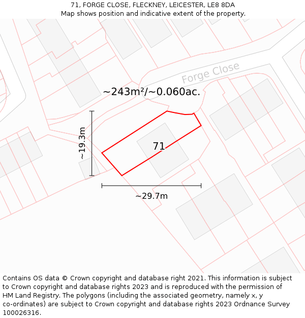 71, FORGE CLOSE, FLECKNEY, LEICESTER, LE8 8DA: Plot and title map