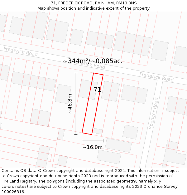 71, FREDERICK ROAD, RAINHAM, RM13 8NS: Plot and title map