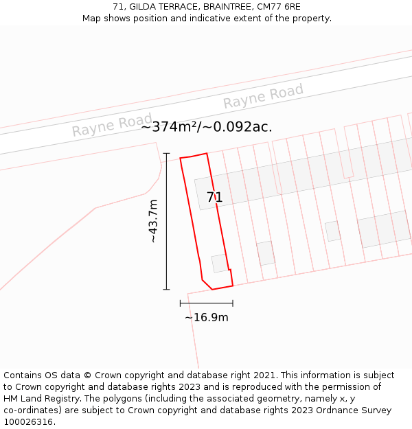 71, GILDA TERRACE, BRAINTREE, CM77 6RE: Plot and title map