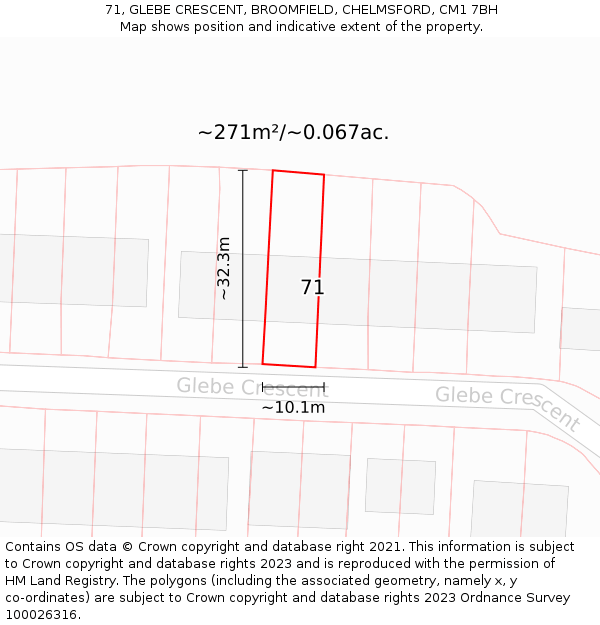 71, GLEBE CRESCENT, BROOMFIELD, CHELMSFORD, CM1 7BH: Plot and title map