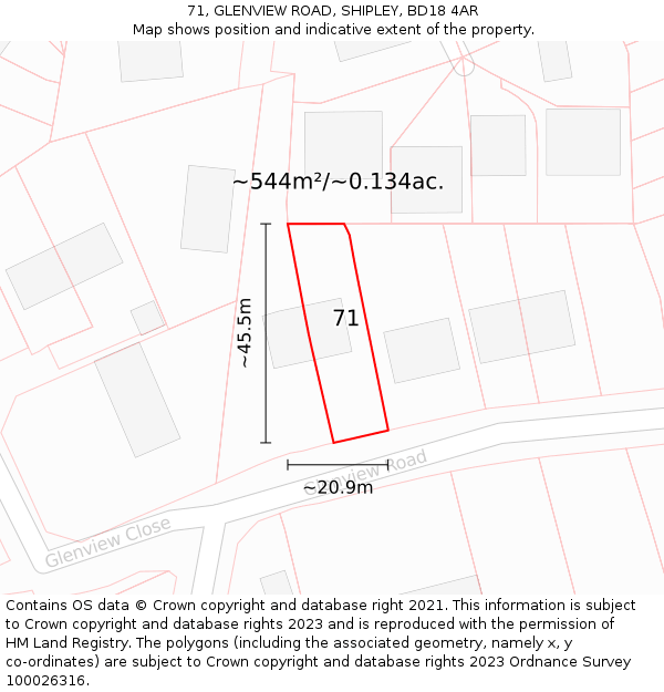 71, GLENVIEW ROAD, SHIPLEY, BD18 4AR: Plot and title map