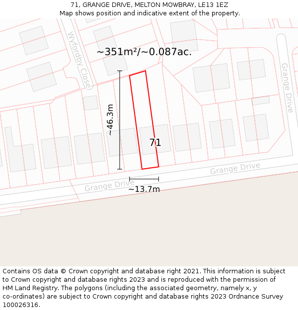 71, GRANGE DRIVE, MELTON MOWBRAY, LE13 1EZ: Plot and title map