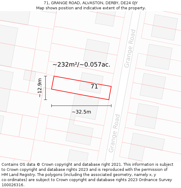 71, GRANGE ROAD, ALVASTON, DERBY, DE24 0JY: Plot and title map