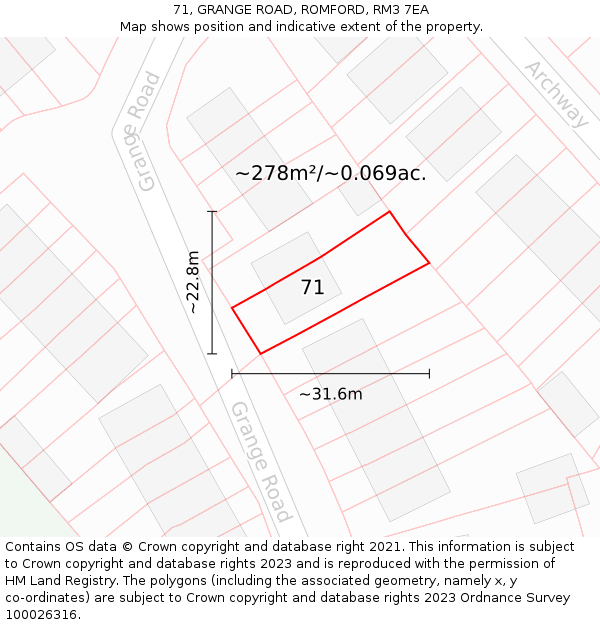 71, GRANGE ROAD, ROMFORD, RM3 7EA: Plot and title map