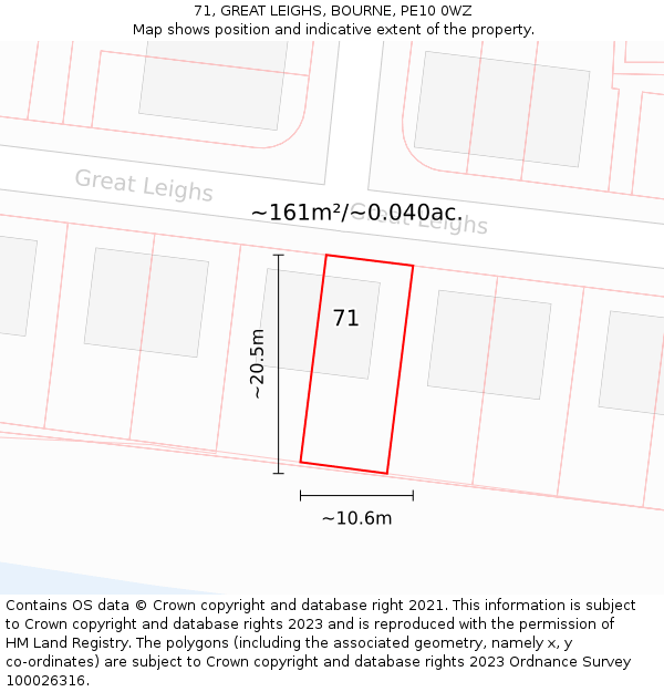 71, GREAT LEIGHS, BOURNE, PE10 0WZ: Plot and title map