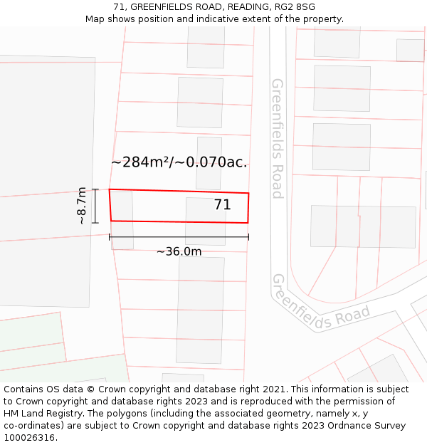71, GREENFIELDS ROAD, READING, RG2 8SG: Plot and title map
