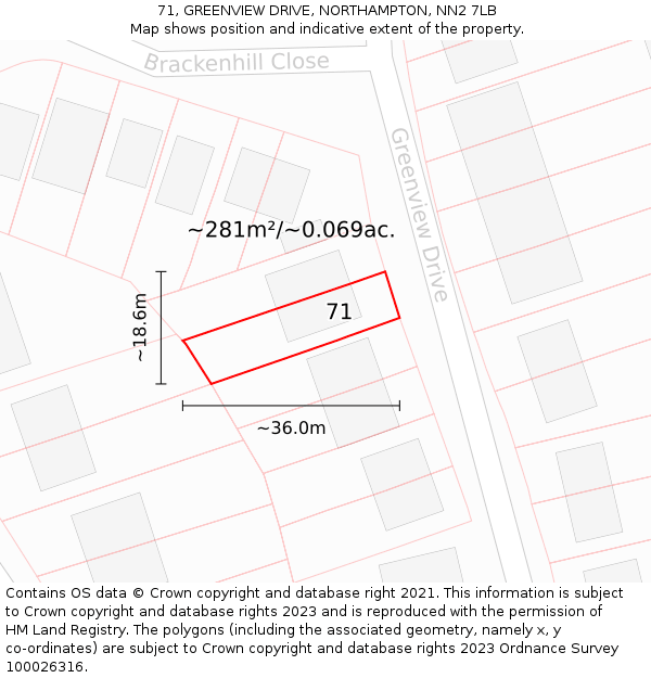 71, GREENVIEW DRIVE, NORTHAMPTON, NN2 7LB: Plot and title map