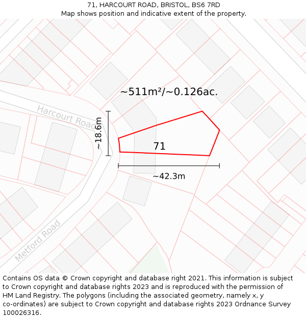 71, HARCOURT ROAD, BRISTOL, BS6 7RD: Plot and title map