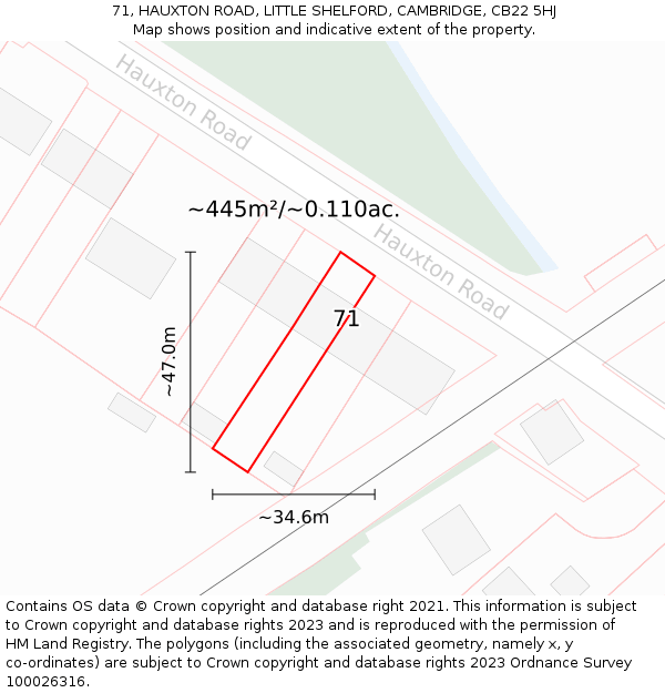 71, HAUXTON ROAD, LITTLE SHELFORD, CAMBRIDGE, CB22 5HJ: Plot and title map