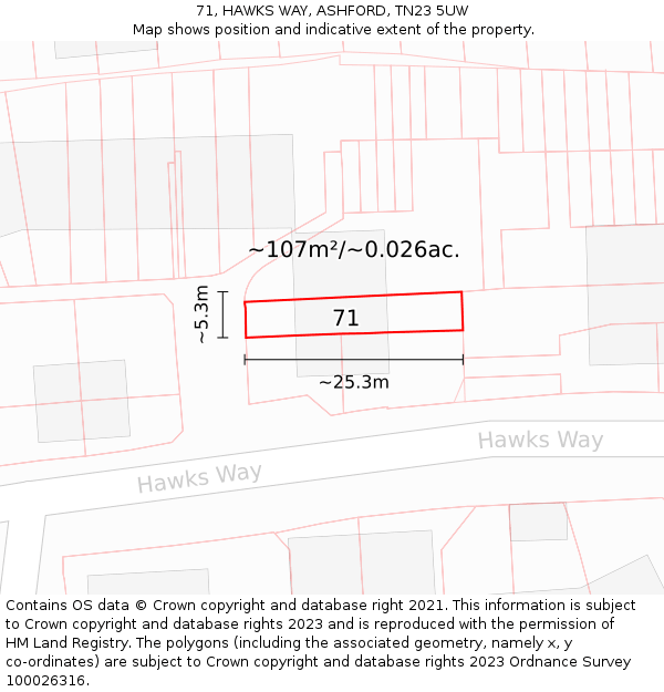 71, HAWKS WAY, ASHFORD, TN23 5UW: Plot and title map