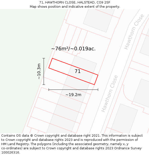71, HAWTHORN CLOSE, HALSTEAD, CO9 2SF: Plot and title map