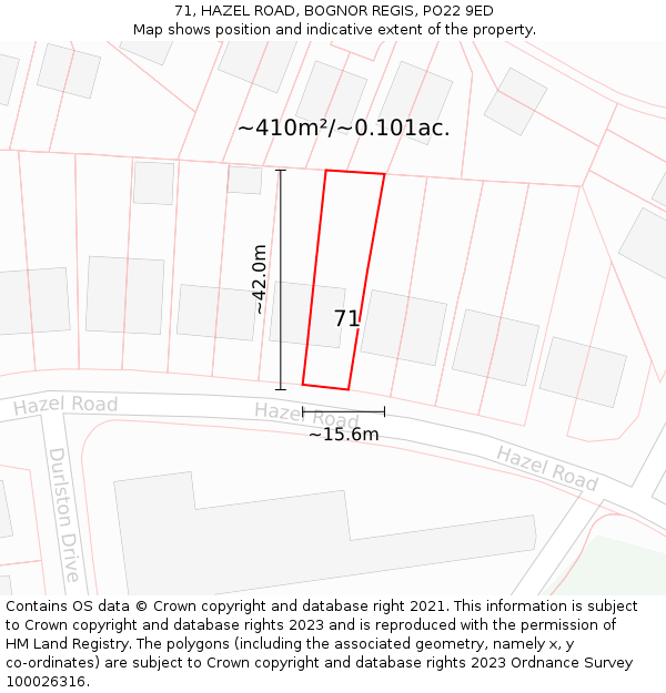 71, HAZEL ROAD, BOGNOR REGIS, PO22 9ED: Plot and title map