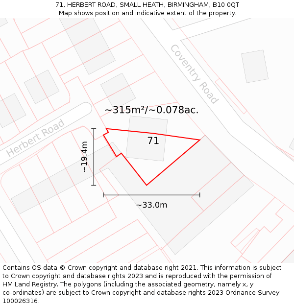 71, HERBERT ROAD, SMALL HEATH, BIRMINGHAM, B10 0QT: Plot and title map