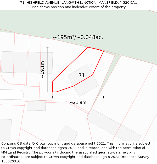 71, HIGHFIELD AVENUE, LANGWITH JUNCTION, MANSFIELD, NG20 9AU: Plot and title map