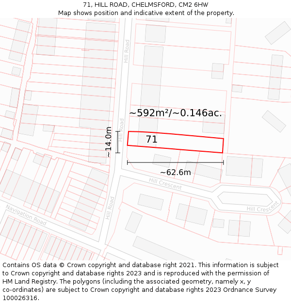 71, HILL ROAD, CHELMSFORD, CM2 6HW: Plot and title map