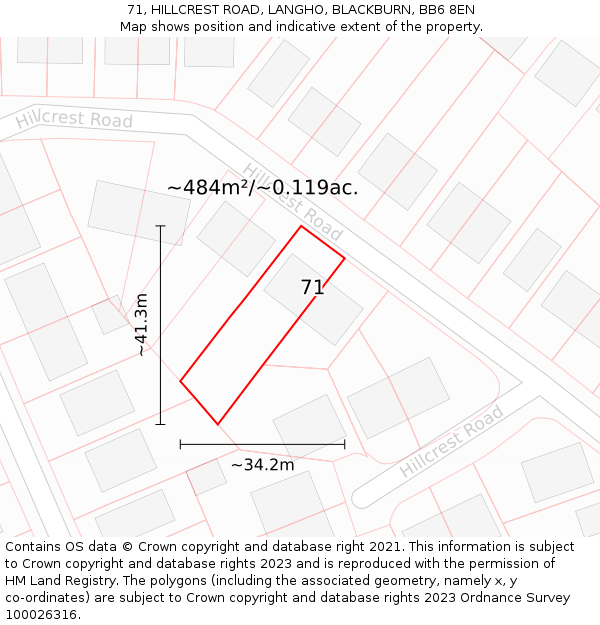71, HILLCREST ROAD, LANGHO, BLACKBURN, BB6 8EN: Plot and title map