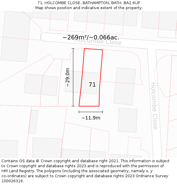 71, HOLCOMBE CLOSE, BATHAMPTON, BATH, BA2 6UP: Plot and title map